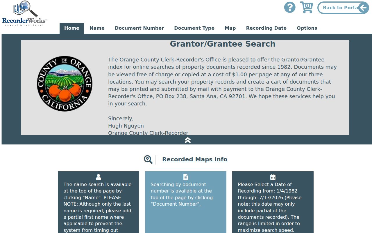 Garden Grove people search RecorderWorks grantor grantee portal