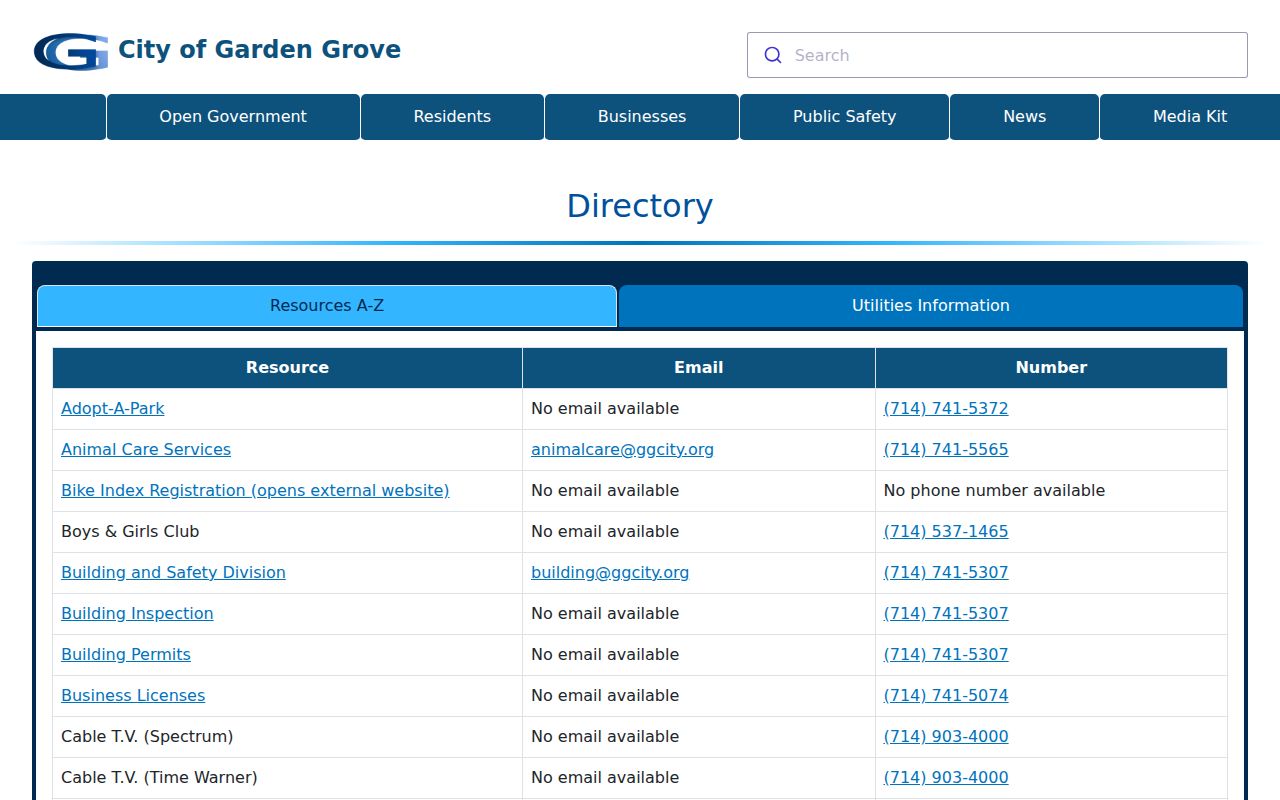 Garden Grove people directories city services directory