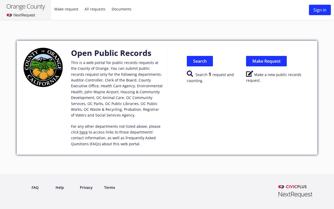Garden Grove public records County of Orange NextRequest portal