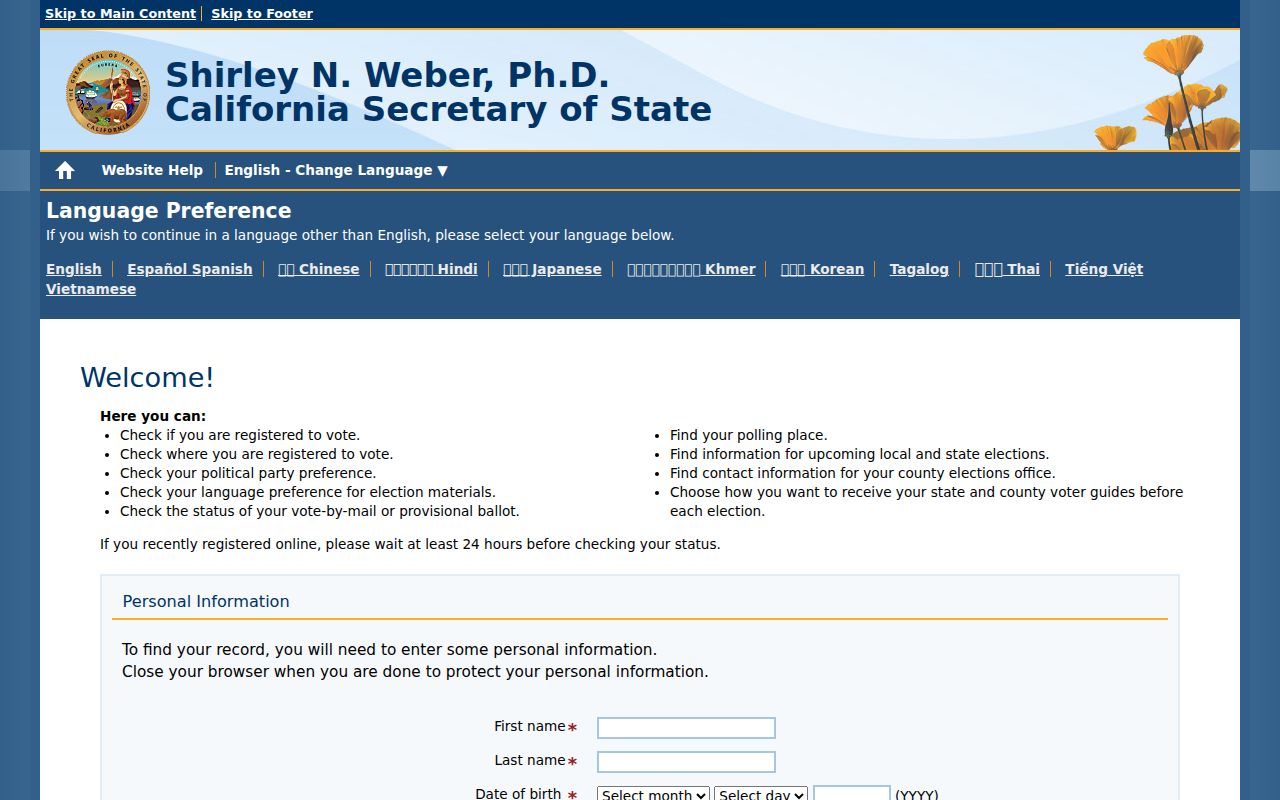 Garden Grove voter registration lookup through California My Voter Status