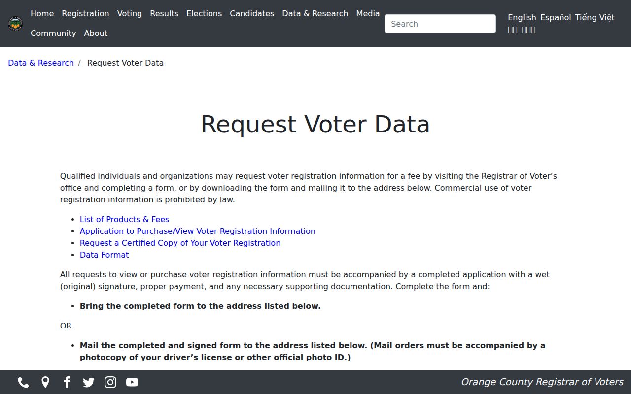 Garden Grove voter registration records request through Orange County Registrar of Voters